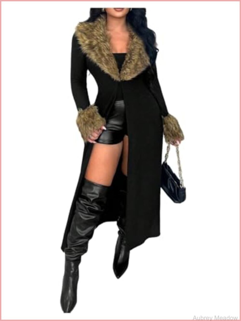 Women's Faux Fur Open Front Long Cardigan Sweater Furry Trim Knit Outerwear